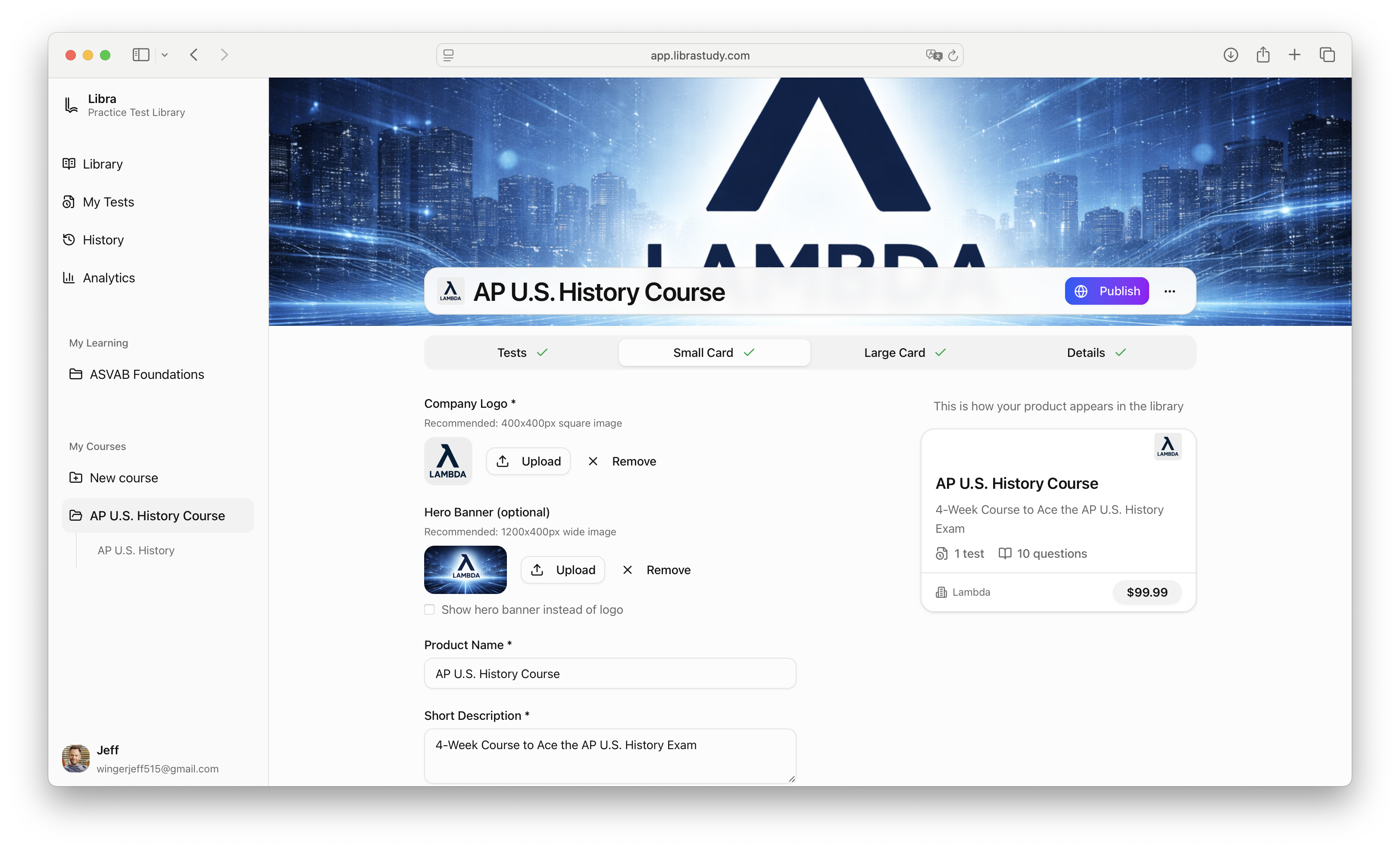 Design branded course card with custom logo and banner